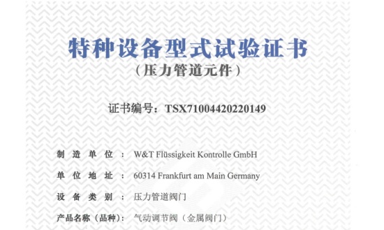 Viti TSG- Pneumatic Control Valve Certificate