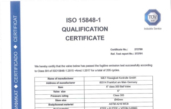 Viti ISO15848 Ball Valve Certificate